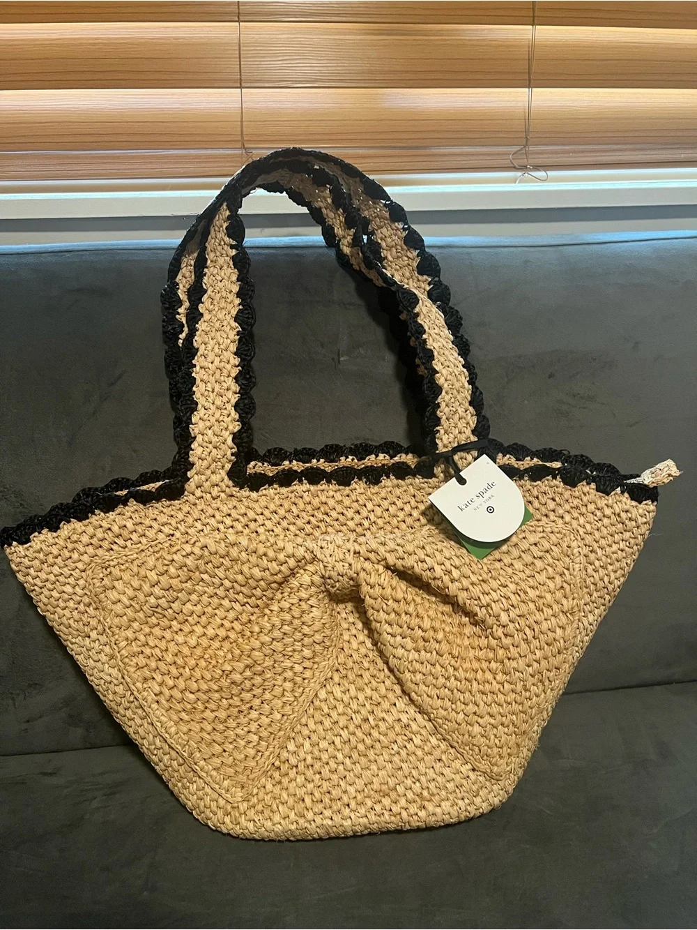 Target x Kate Spade tan and black woven raffia tote bag